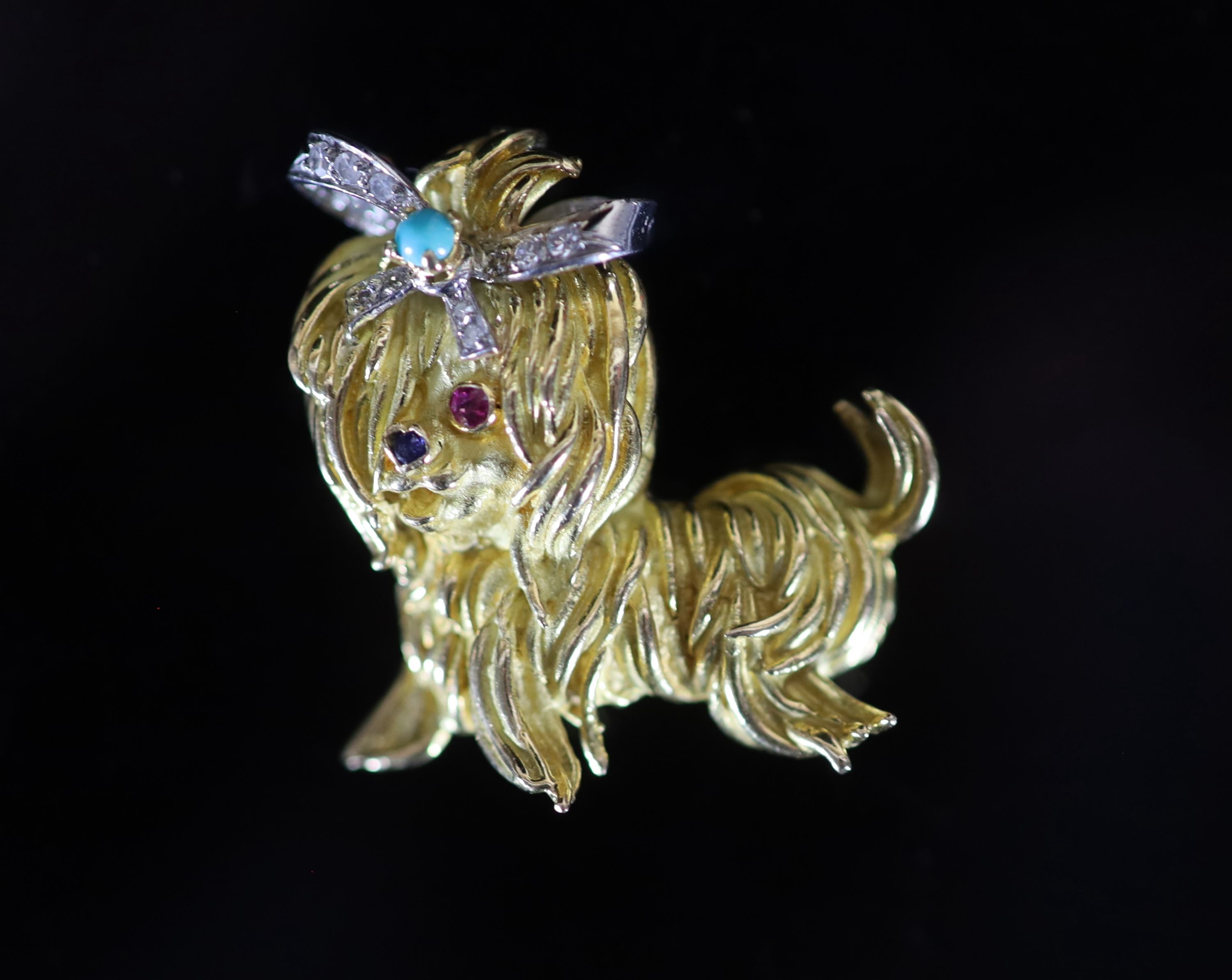 A 20th century gold, sapphire, ruby, turquoise and diamond set terrier brooch